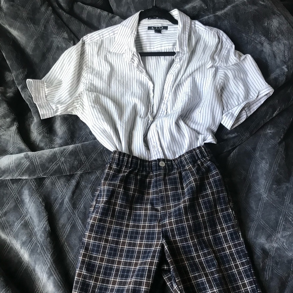 White and blue 21 mens or womens button up striped shirt